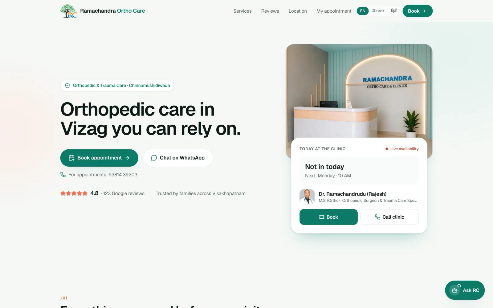 Ramachandra Ortho Care: appointment booking, WhatsApp and payments for a Vizag clinic