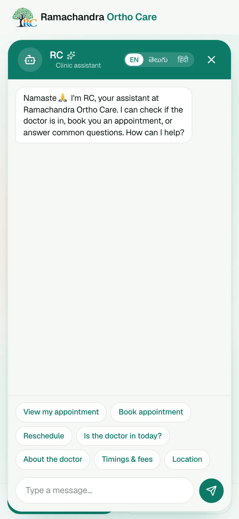 Clinic assistant chat with quick reply buttons