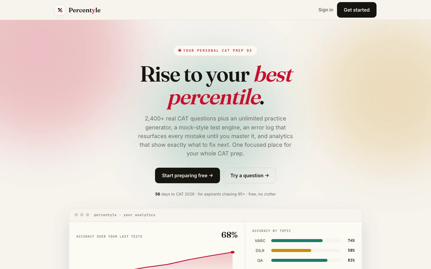 Percentyle exam-prep web app home page