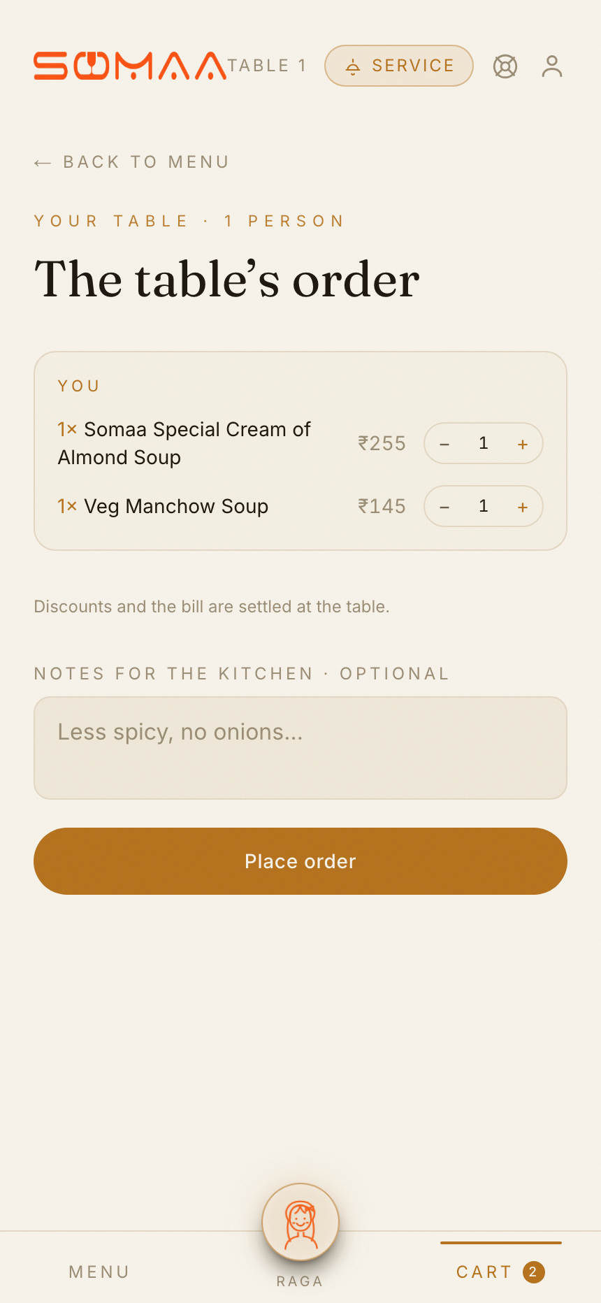 Somaa table ordering screen on a phone